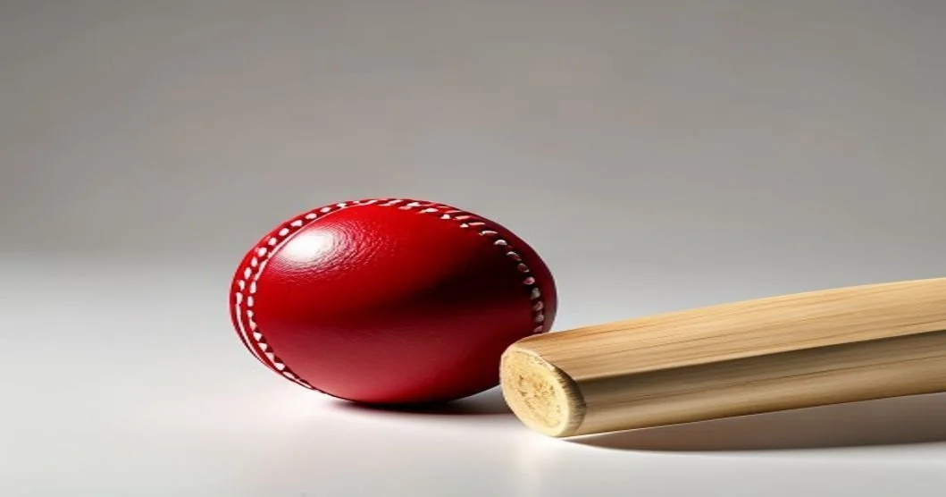 Red cricket ball beside a wooden cricket bat